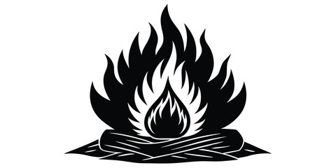 Campfire Icon: A stylized black and white illustration of a campfire with flames rising from logs. Perfect for designs related to camping, adventure, warmth, and nature.