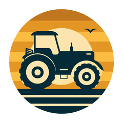 Field Tractor Silhouette on Retro Vintage Background – Vector Farm Illustration

