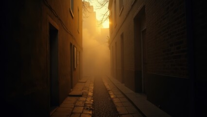 Fototapeta premium Misty Alleyway in Urban Landscape with Dramatic Light and Shadow, Narrow Street in Cityscape, European Architecture
