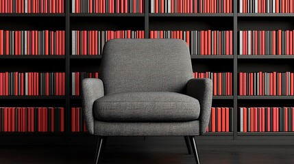 Cozy Reading Nook: Comfortable Armchair in Front of Bookshelves Filled with Books for Relaxation and Learning.
