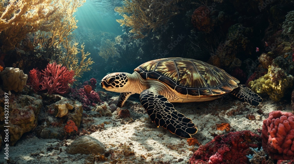 Poster a peaceful image of a sea turtle resting on a rocky seabed, with soft corals and colorful sponges su