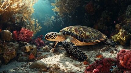 Fototapeta premium A peaceful image of a sea turtle resting on a rocky seabed, with soft corals and colorful sponges surrounding it, showcasing the beauty of marine habitats.