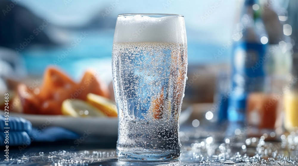 Poster a refreshing pilsner in a sleek glass, with condensation droplets running down the sides, set agains