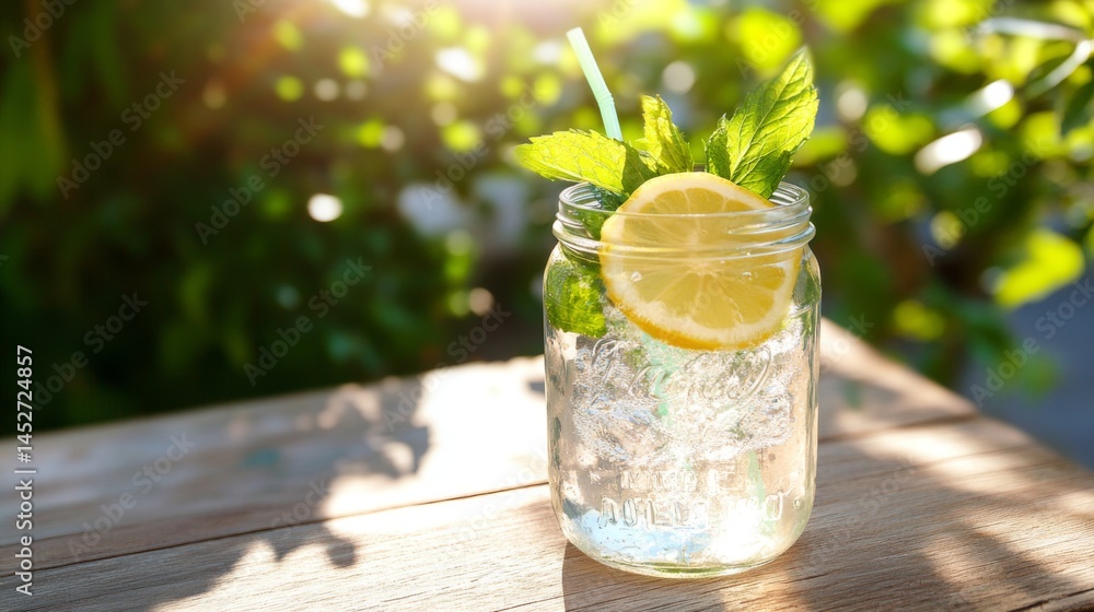 Poster a refreshing soda served in a mason jar with ice, topped with a lemon slice and mint, sitting on a r