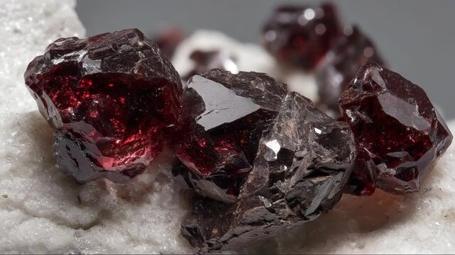 Group of deep red garnet mineral crystals set in a matrix of white calcite, revealing natural formations and gemstone texture
