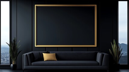 Fototapeta premium Elegant Interior with Dark Sofa, Gold Frame Artwork, Minimalist Design, and Scenic Window Views.