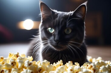 Black cat is watching a movie. Cute cat with popcorn. Invitation to buy tickets. Poster for movie theatre. Online service for watching movies.