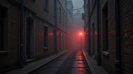 Misty Urban Alleyway at Night with Red Light: Dark, Moody Cityscape