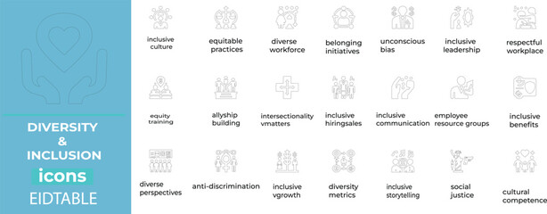 Diversity & inclusion line icons - equality symbols, multicultural figures and unity vectors for inclusive branding and HR designs.