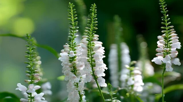 Physostegia virginiana, obedience plant, white blooming flowers in the garden with green stems, and leaves in soft focus background