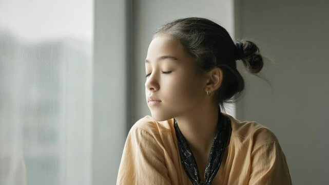 A young girl with a bun in her hair stands near a window with closed eyes, bathed in soft natural light, wearing a peach shirt and scarf.