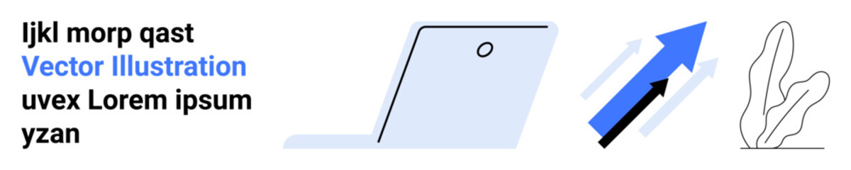 Laptop viewed from the side, bold upward arrow symbolizing progress, minimalist plant outline. Ideal for productivity, innovation, growth, sustainability, technology, education simple landing page