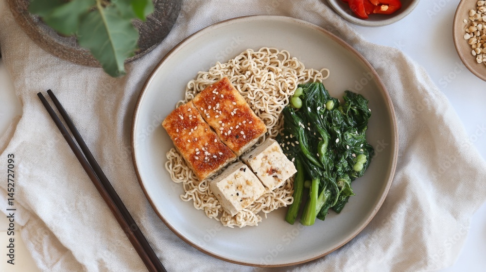 Poster a serene image of instant noodles served with a side of crispy fried tofu and vegetables, arranged b