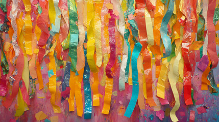 Fototapeta premium Abstract art featuring colorful ribbons cascading down, creating a vibrant and textured surface.