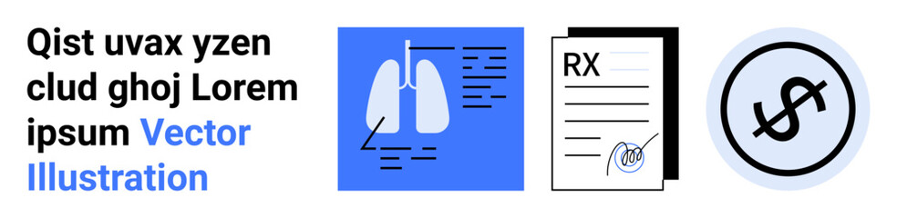 Lungs diagnostic, prescription paperwork and dollar icon illustrate healthcare, expenses, diagnosis, treatment planning. Ideal for healthcare, medical services, insurance, finance technology