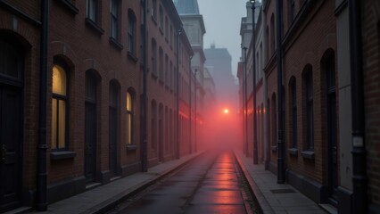 Misty Urban Alley at Dusk: Atmospheric Cityscape with Red Light and Wet Pavement, Featuring Brick Buildings and Dim Illumination