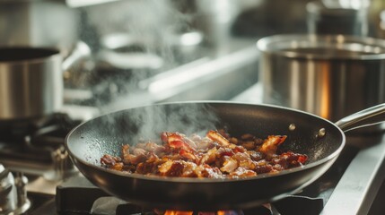 Fototapeta premium A sizzling pan of crispy bacon strips frying, with rich golden-brown color and glistening fat, set against a blurred kitchen background.