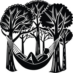 Woodcut Illustration: Man Relaxing in Hammock Between Trees in Forest Scene
