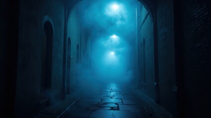 Fototapeta premium Mysterious Dark Alleyway with Blue Haze and Dim Lights in a European City at Night