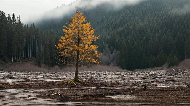 Solitary Tree in Serene Landscape: A majestic tree, adorned in autumnal gold, stands boldly amidst a serene, mist-veiled landscape.