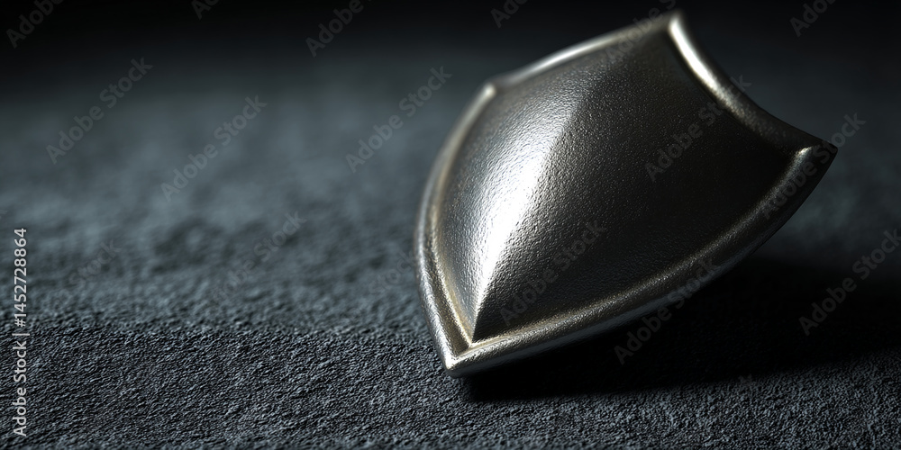 Poster close-up of metallic shield on dark textured surface, showcasing strength, protection, and security 