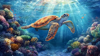 Naklejka premium A striking image of a sea turtle diving deep into the ocean, with rays of sunlight breaking through the water surface, creating a mesmerizing underwater scene.