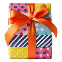 Fototapeta premium Colorful gift box with orange ribbon and polka dot wrapping paper on white background