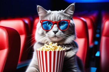 A cat with glasses is watching a movie. Cute white cat with popcorn bucket in red armchair in cinema theatre. Glasses for 3D film. Invitation to buy tickets. Online service for watching movies.