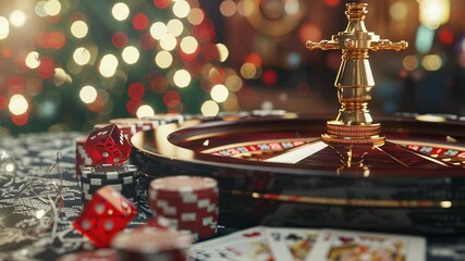 Casino scene with roulette wheel, dice, chips, and cards, festive bokeh background