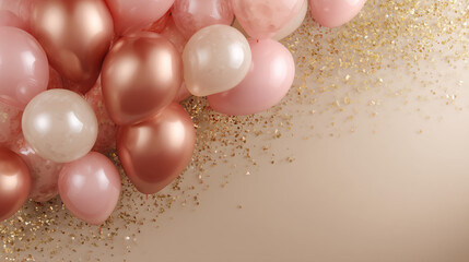 Pink and rose gold balloons with gold confetti on beige background Free space for text or design Showcase for celebration, party, or Valentine's Day
