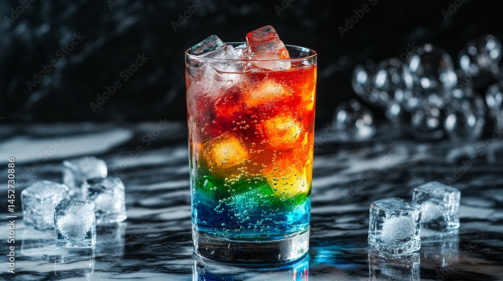 Poster a vibrant glass of soda with colorful bubbles and ice cubes, positioned on a marble countertop, with