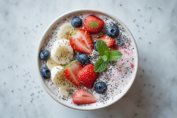 Vibrant Vitality: Overhead Photorealistic Smoothie Bowl with Fresh Berries & Superfoods on Marble (4K Ultra-Detailed Food Photography)