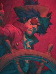 Close-up of a  pirate figure at the helm.