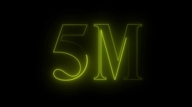Neon 5m million neon glowing text animation 5M text animation on black background.