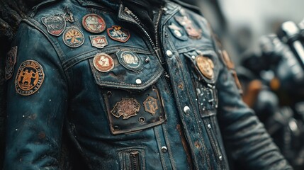 Worn leather jacket adorned with numerous patches