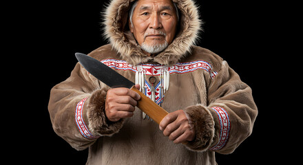 Fototapeta premium Portrait of an Indigenous Elder Holding a Traditional Knife