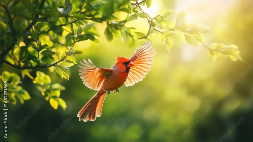 Poster a vibrant red cardinal in mid-flight, captured with clear detail as it flaps its wings against a bac