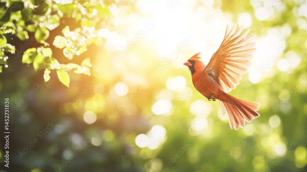 Poster a vibrant red cardinal in mid-flight, captured with clear detail as it flaps its wings against a bac