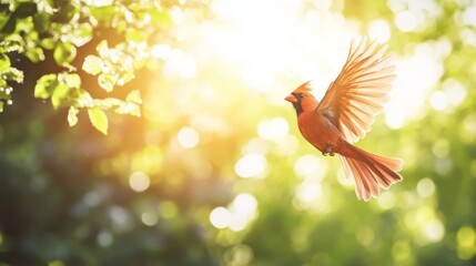 Obraz premium A vibrant red cardinal in mid-flight, captured with clear detail as it flaps its wings against a backdrop of lush green trees and sunlight.