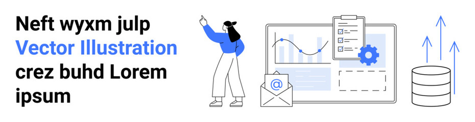 Woman pointing at growth data interface, charts, envelopes, and database icon, representing communication, analytics, data storage, workflow, growth business solutions simple landing page