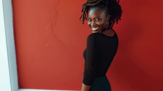 Portrait of a smiling woman with dreadlocks against a red wall, looking back