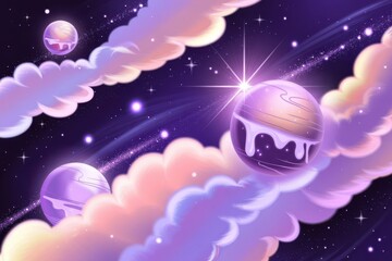 Naklejka premium Dreamy Pastel Planets and Nebulae in a Cosmic Landscape