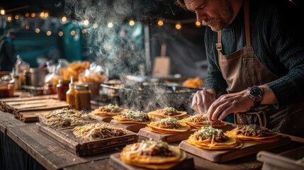 Fast street food vendor preparing hot, fresh nachos with melted cheese