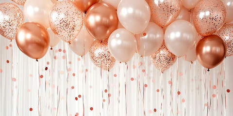 Rose gold and beige balloons with confetti, hanging against a white backdrop.  Symbolizes celebration, festivity, and elegance, ideal for event promotion