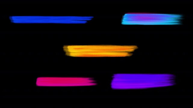 Set of 5 colorful paint brush strokes. Hand drawn sketch scribble lower thirds on a transparent alpha channel. Place for text.