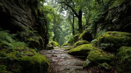 Fototapeta premium A view of a secluded nature park with dense foliage, moss-covered rocks, and wildlife sightings