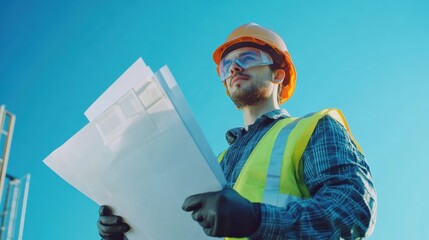 Construction worker reviewing building plans.