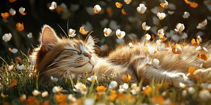 Orange and white petals fall gently onto a peaceful feline in the grass, composition balanced like a modern fairy tale.