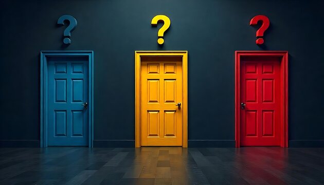 Three colorful doors with question marks above them, set against a dark background, suggesting a mysterious or puzzling scenario, created with generative ai