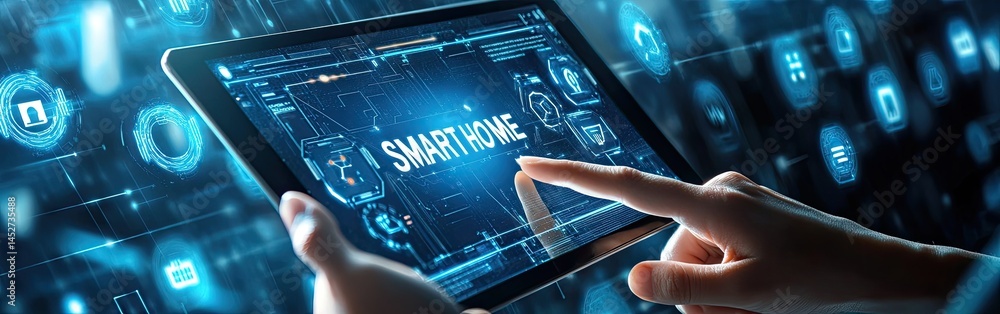 Poster finger taps smart home system displayed on futuristic tablet tech interface